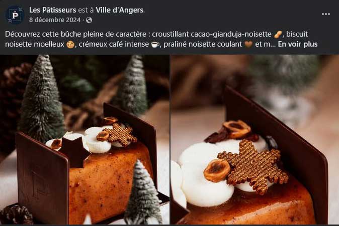 Publication Facebook mettant en avant une bûche de Noël artisanale à Angers avec description gourmande