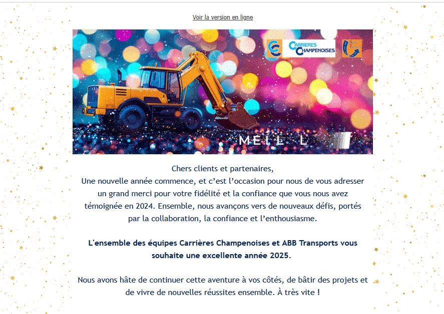Exemple d’emailing de vœux d’entreprise pour la nouvelle année avec visuel festif et message client