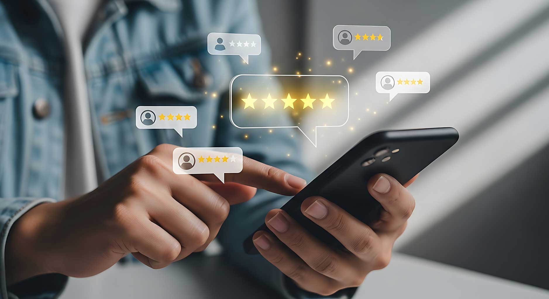 avis-client-google-smartphone Utilisateur laissant un avis 5 étoiles sur smartphone pour une entreprise locale