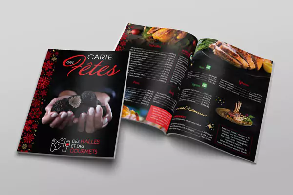 Carte des fêtes imprimée des Halles et des Gourmets, avec menus gastronomiques pour Noël